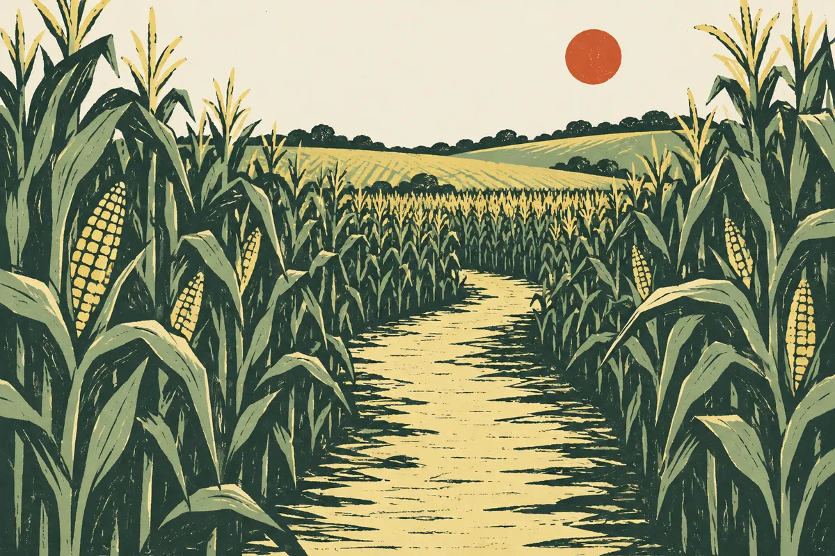 Original printed-style illustration of a path through maize; not a photograph of Dickey Farms.